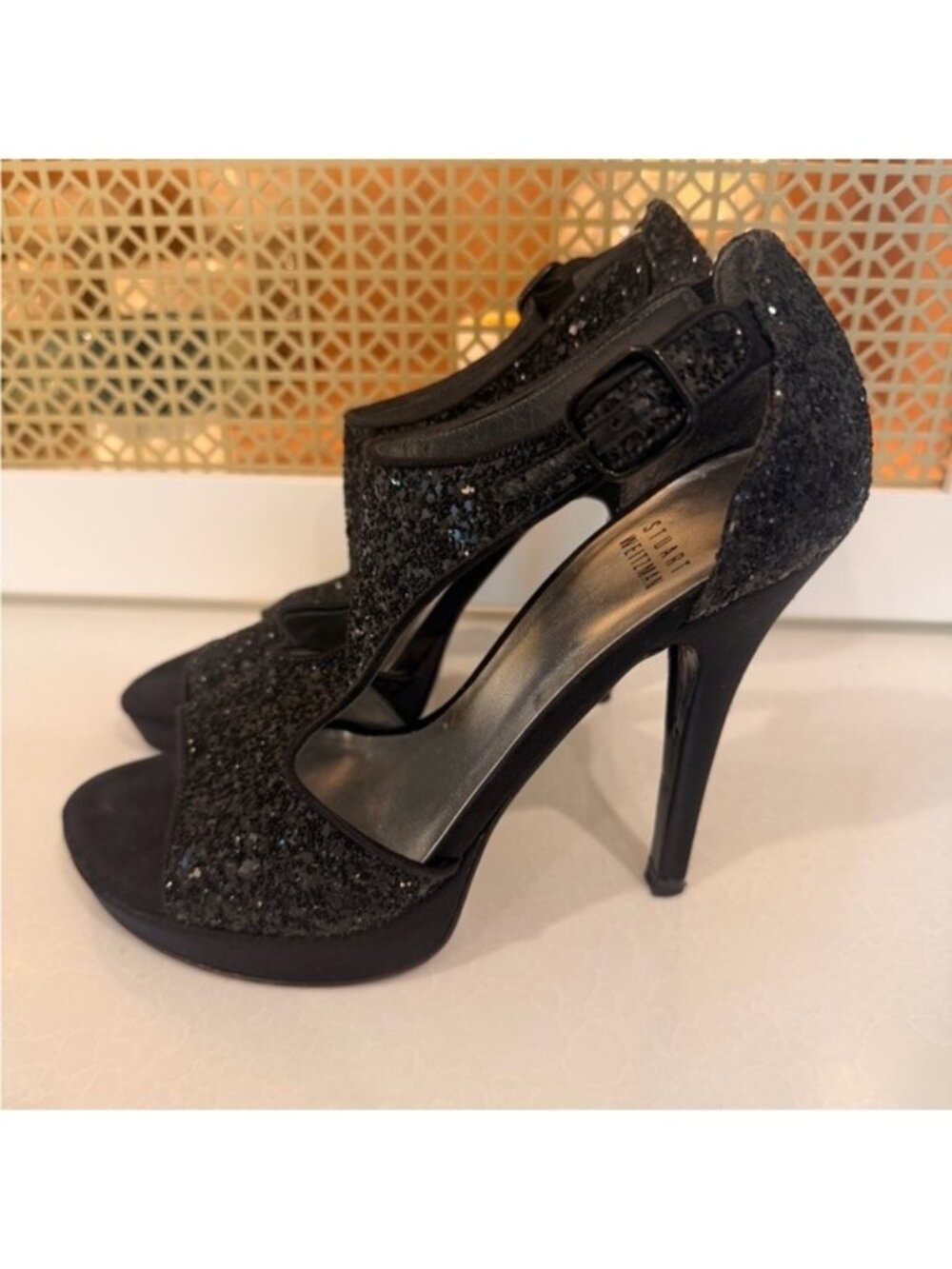 Stuart Weitzman Black Glitter Peep-Toe High Heels! EUC! Size 7